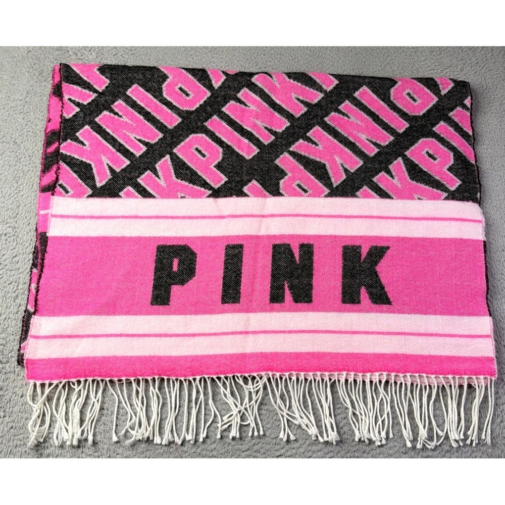 VICTORIA SECRET PINK Scarf Womens One Size Pink White Black 27"X88" Fringe